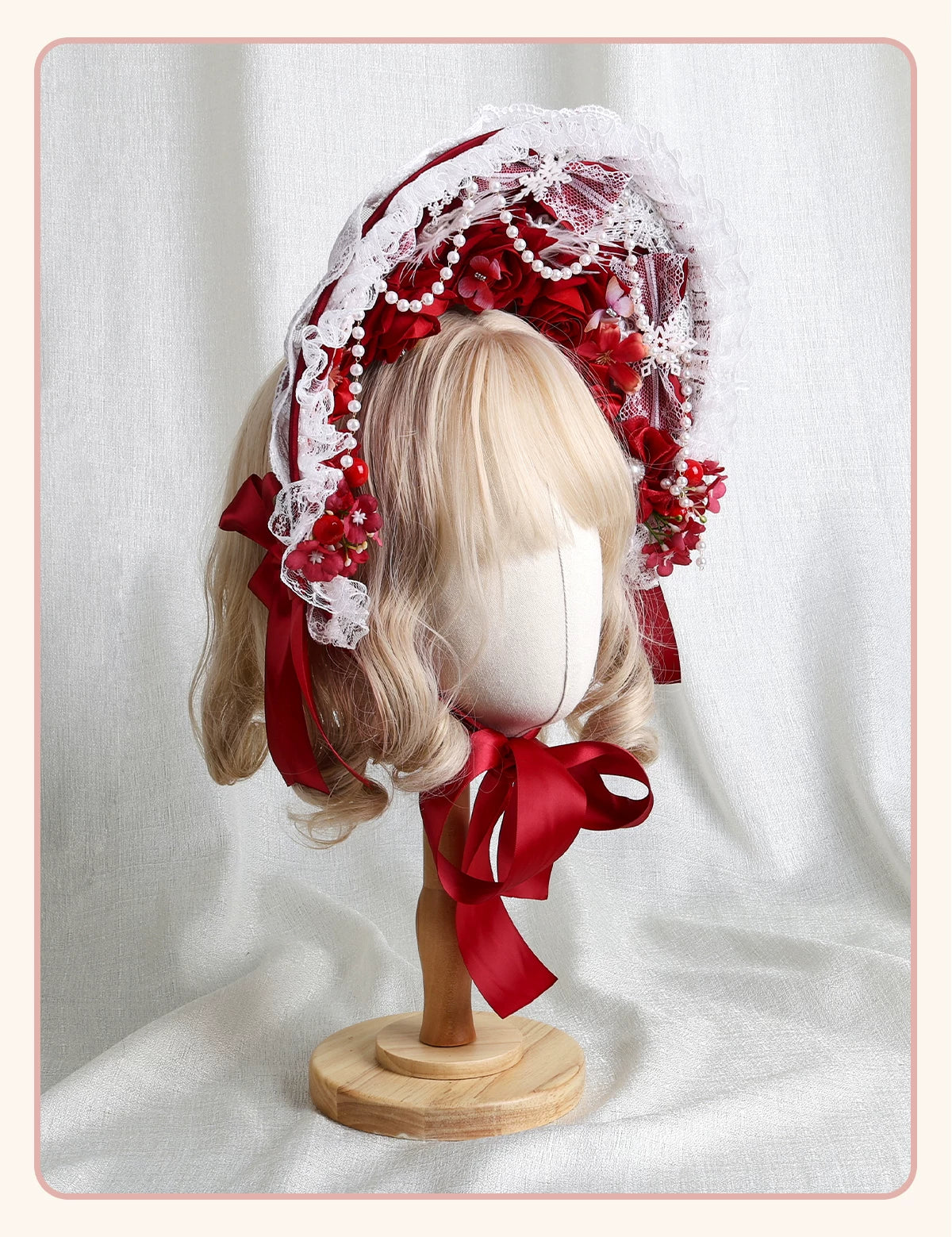 Stardust Rose - Autumn-Winter Dream - Lace-Trimmed Flat Hat with Ribbon Bows