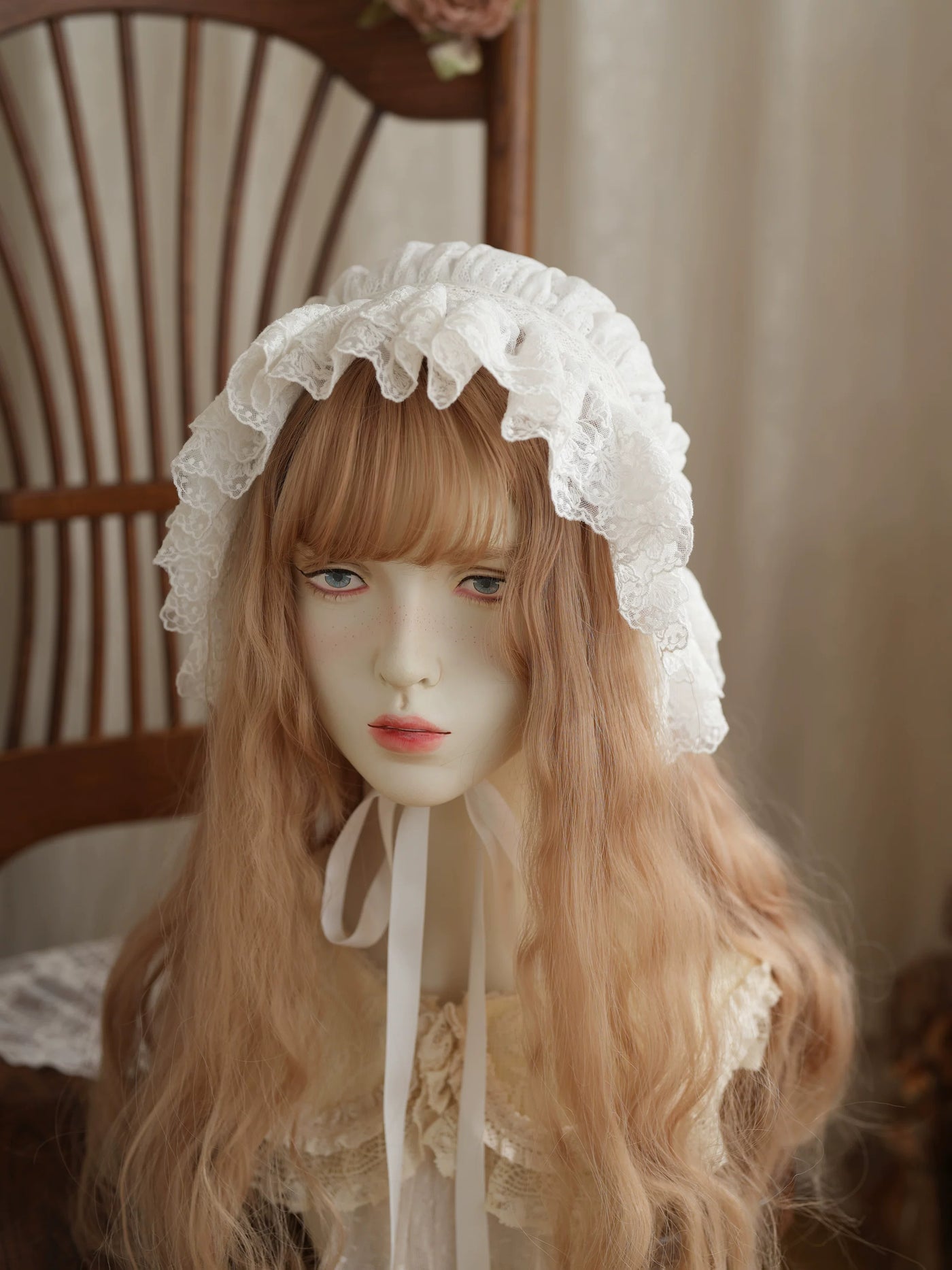 Star Box - Air Flora - Layered-Lace Bonnet with Long Ribbon Ties