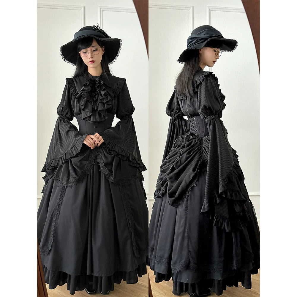 Creamy - Fishbone Gothic - Black Hime-Sleeve Blouse, Half Skirt and Bib Set