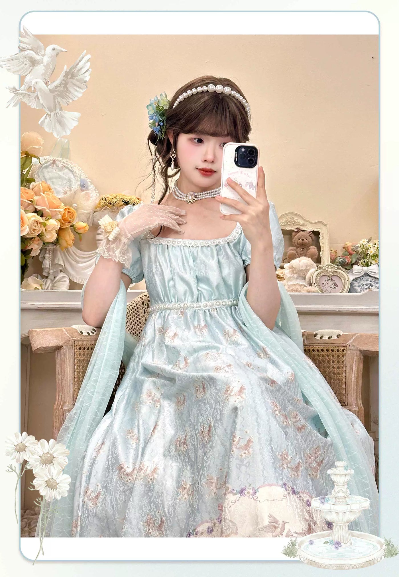 Cat Upon Cat - Angel Garden - Empire-Waist One-Piece Dress with a Garden Scene Hem