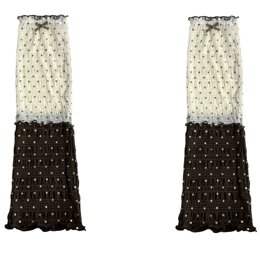 White Socks cream and brown polka-dot bow leg warmers with sheer checked pattern
