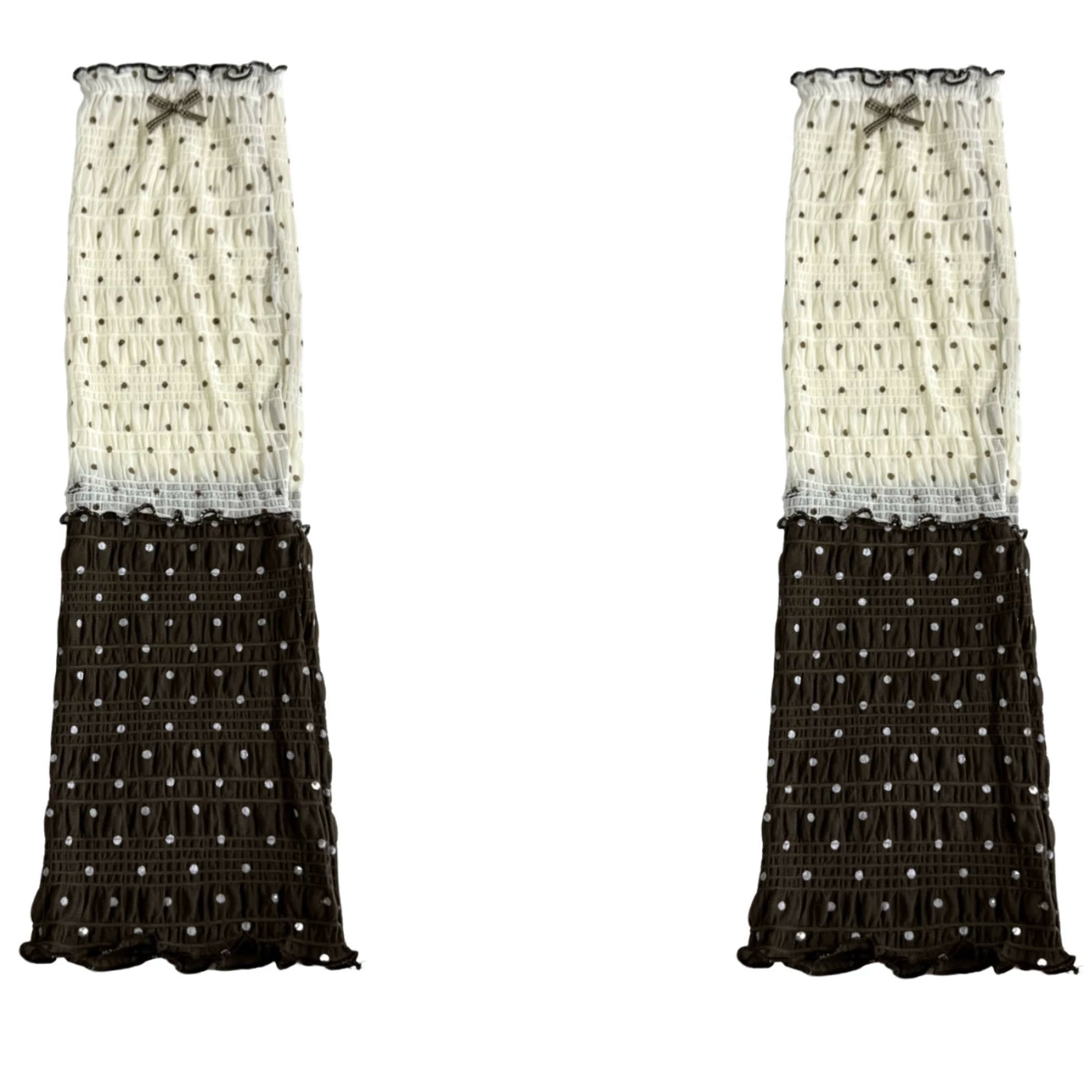 White Socks cream and brown polka-dot bow leg warmers with sheer checked pattern