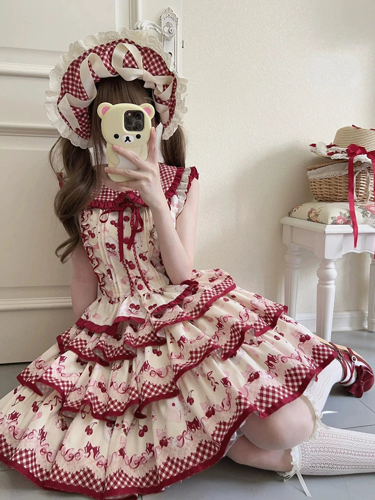 Dream Bunny - The Cherries Are Ripe - Cherry-Print Lolita Fashion Set with Gingham Ruffles