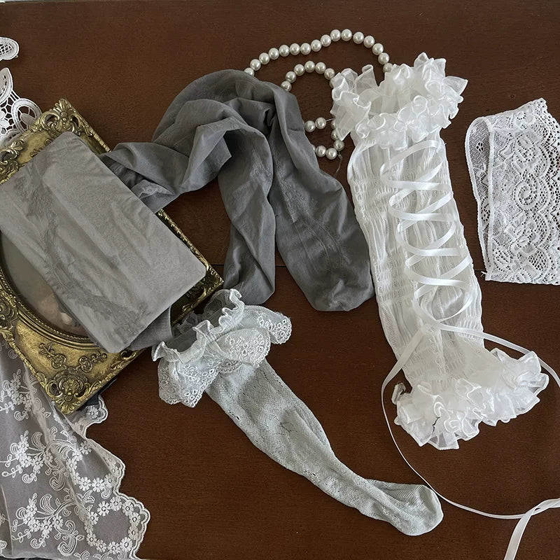 Sock Noble - Grey Layering - Mid-Calf Layered Legwear with Lace Trim and a Leg Ring