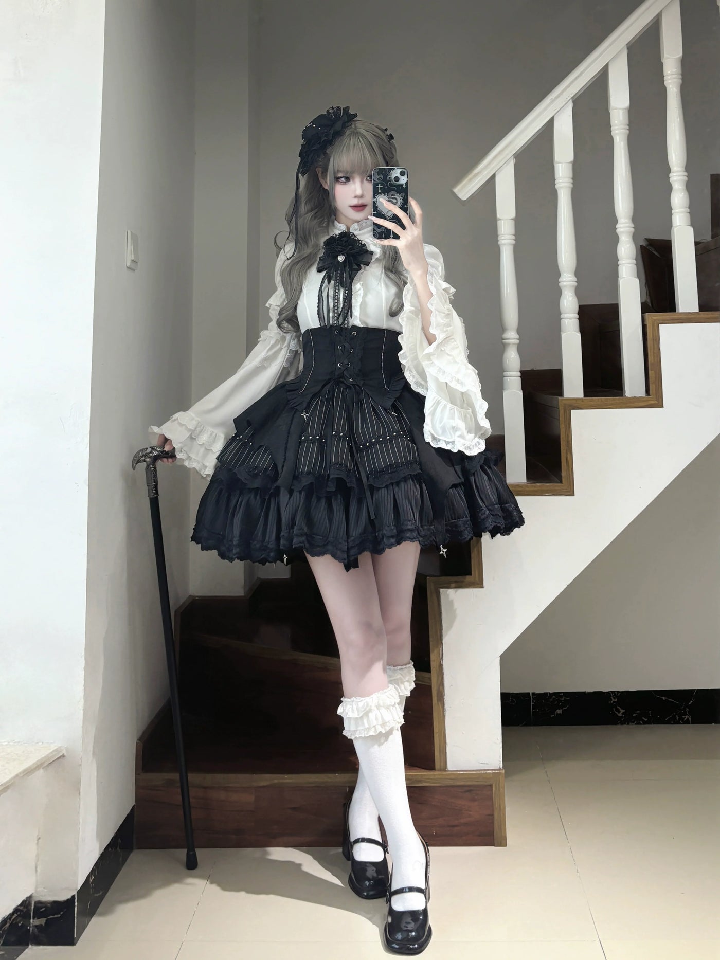 Twilight Song - Trace Bone - Black Gothic Lolita SK & Waist Cincher