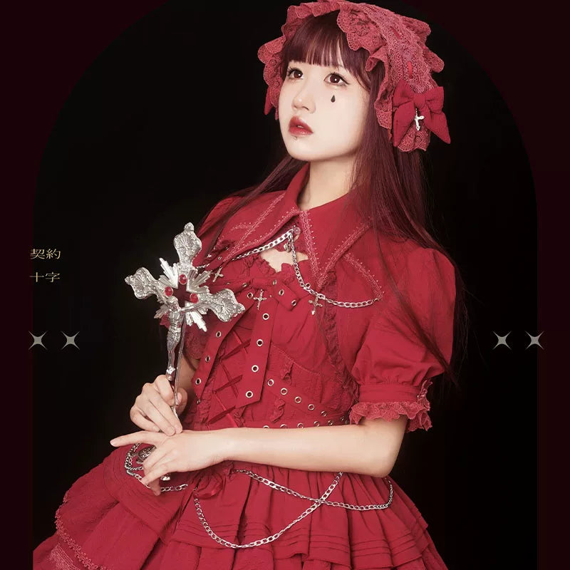 Leopard Cat Contract Cross Gothic JSK Dress by Lolita Fetch, featuring elegant leopard print and intricate cross detailing.