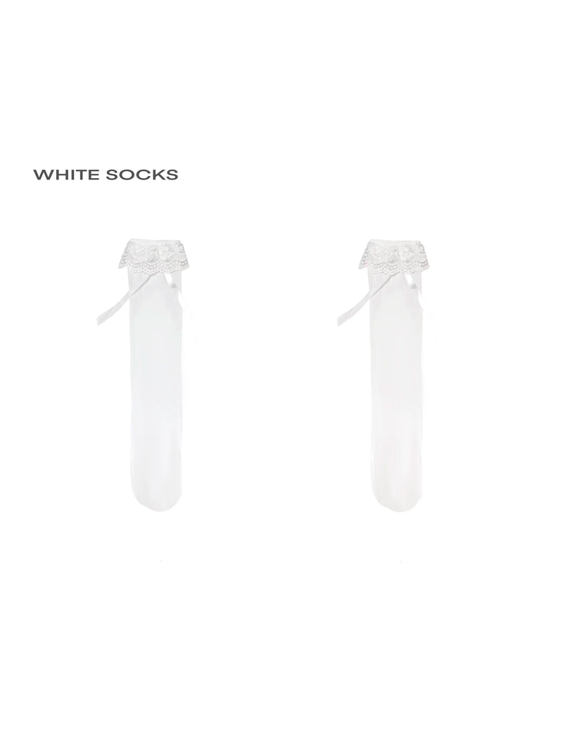White Socks - Lace Bow - White Mid-Calf Socks with Lace Cuffs and Ribbon Bows