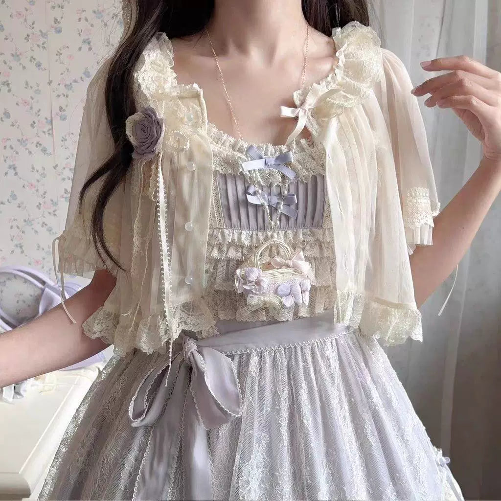 Sweetheart Dream Machine - Chiffon Lace - Two-Way Lace-Trimmed Cardigan with Sheer Sleeves