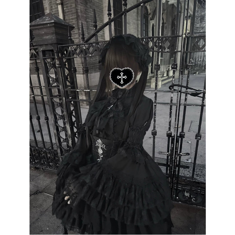 Creamy - Dark Gothic - Black Blouse and Waist-Cincher Skirt Set with Detachable Hime Sleeves