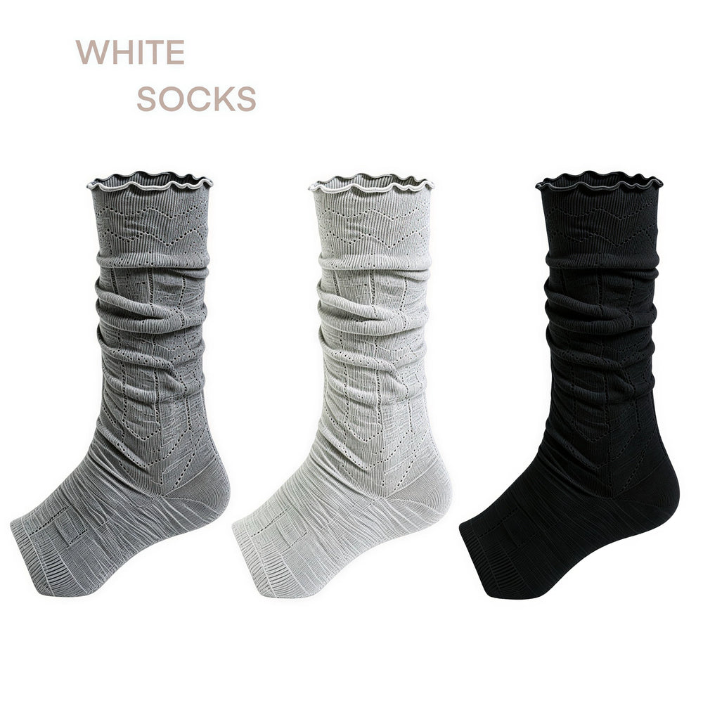 White Socks footless mid-calf slouch socks with ruffle edges styled with black Mary Jane shoes