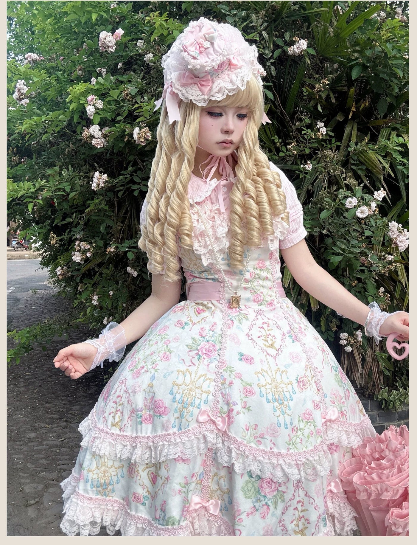 Tata Long Ear - Spring 2025 Floral Wall - Floral Print JSK Dress with Layered Lace Ruffles