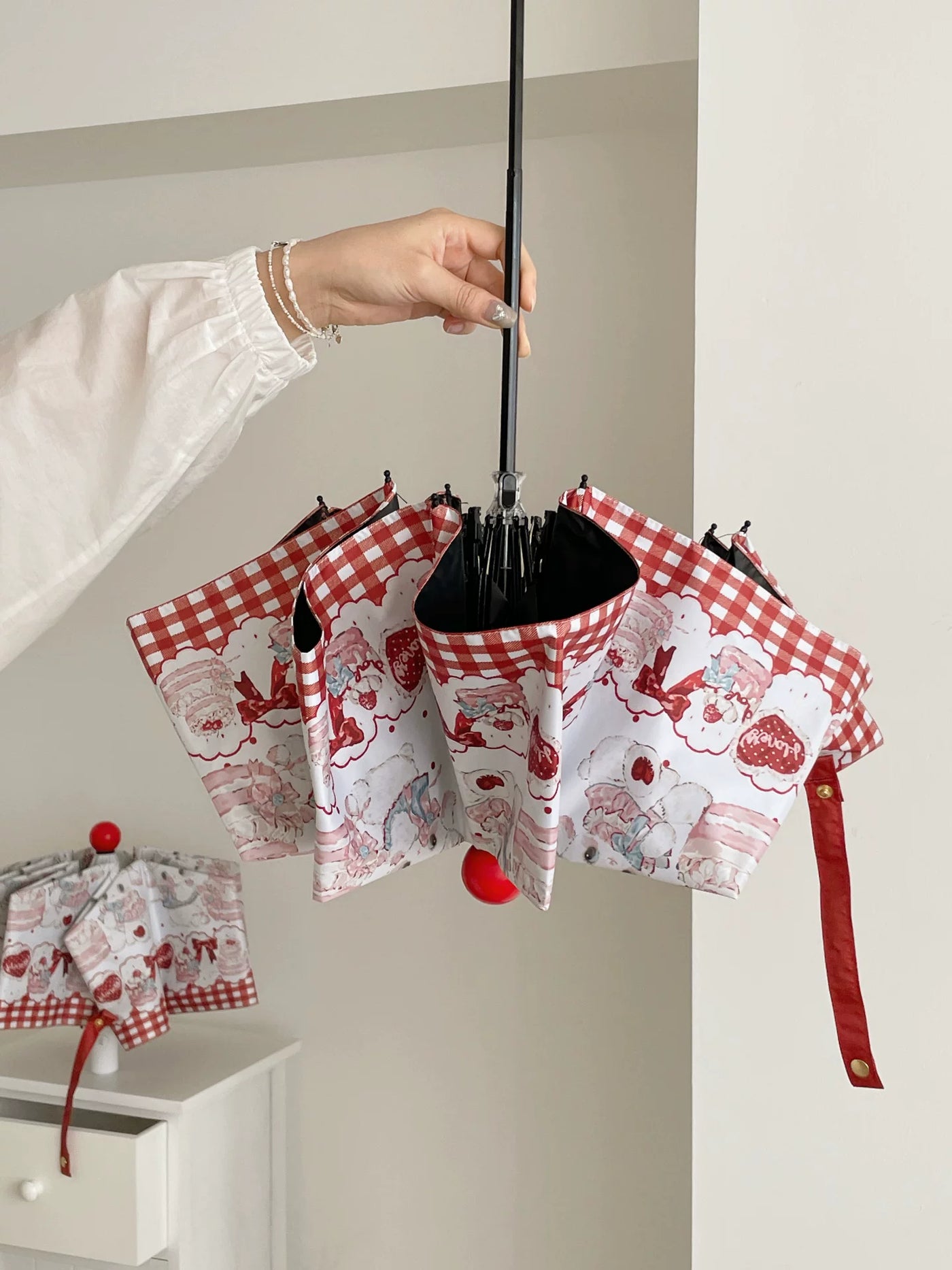 Independent Brand - Little Sheep - Printed Lolita Parasol with Red Plaid Border