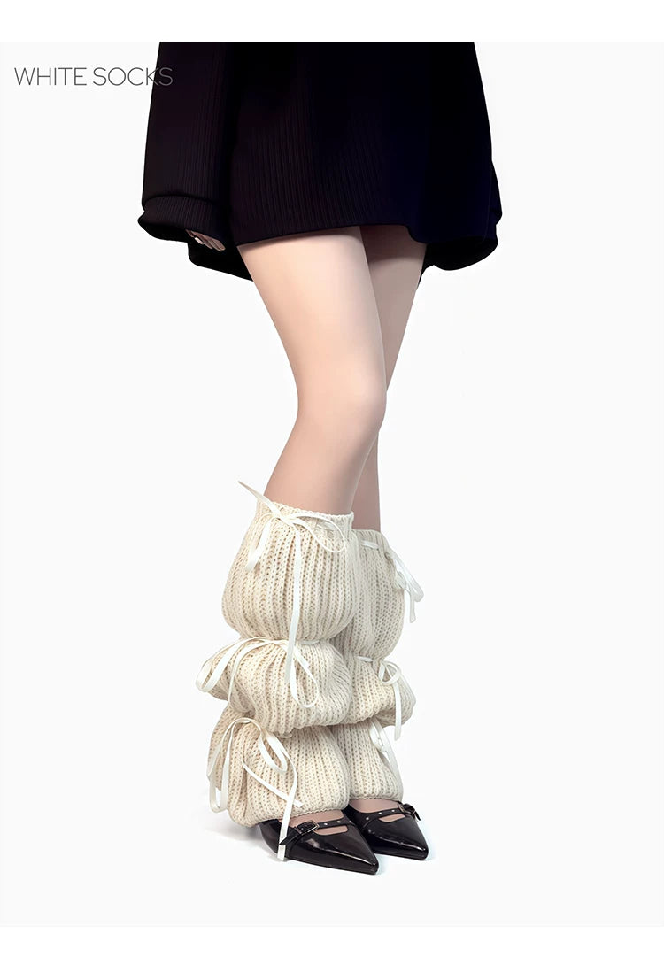 White Socks - Ribbon-Tie Knit - Gathered Calf Leg Warmers with Black Ribbon Ties