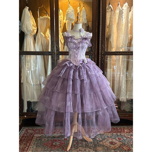 Purple long layered Lolita dress with ribbon-laced bodice on a mannequin