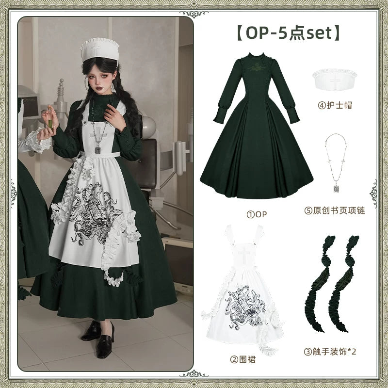 With PUJI - Abyss Clinic - Gothic Lolita Green Dress Set, Embroidery Accent detail view 13