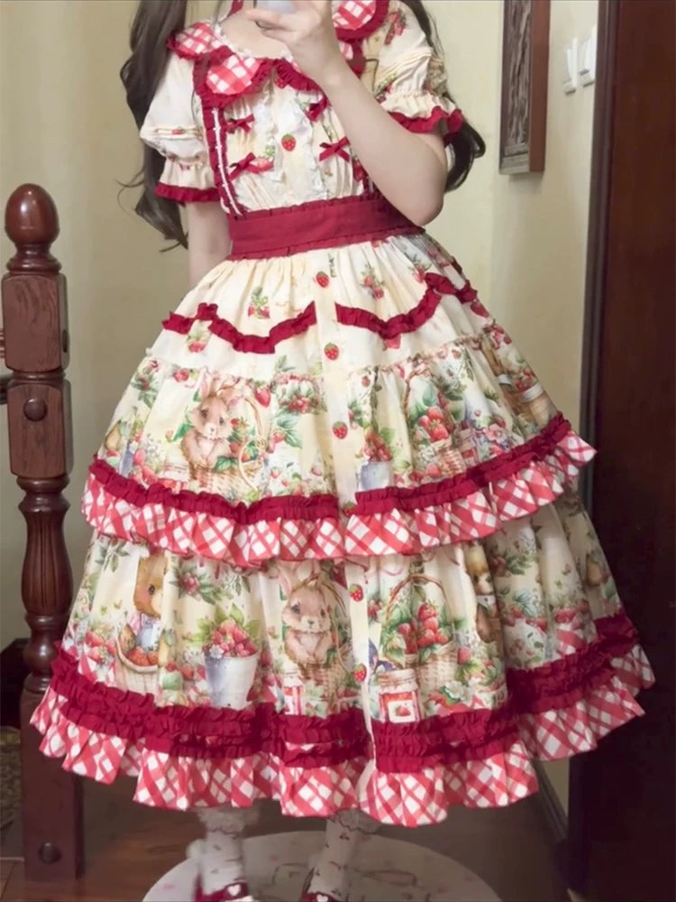Dream Bunny - December Strawberry Field - Strawberry-Print One-Piece Dress with Red Gingham Ruffles
