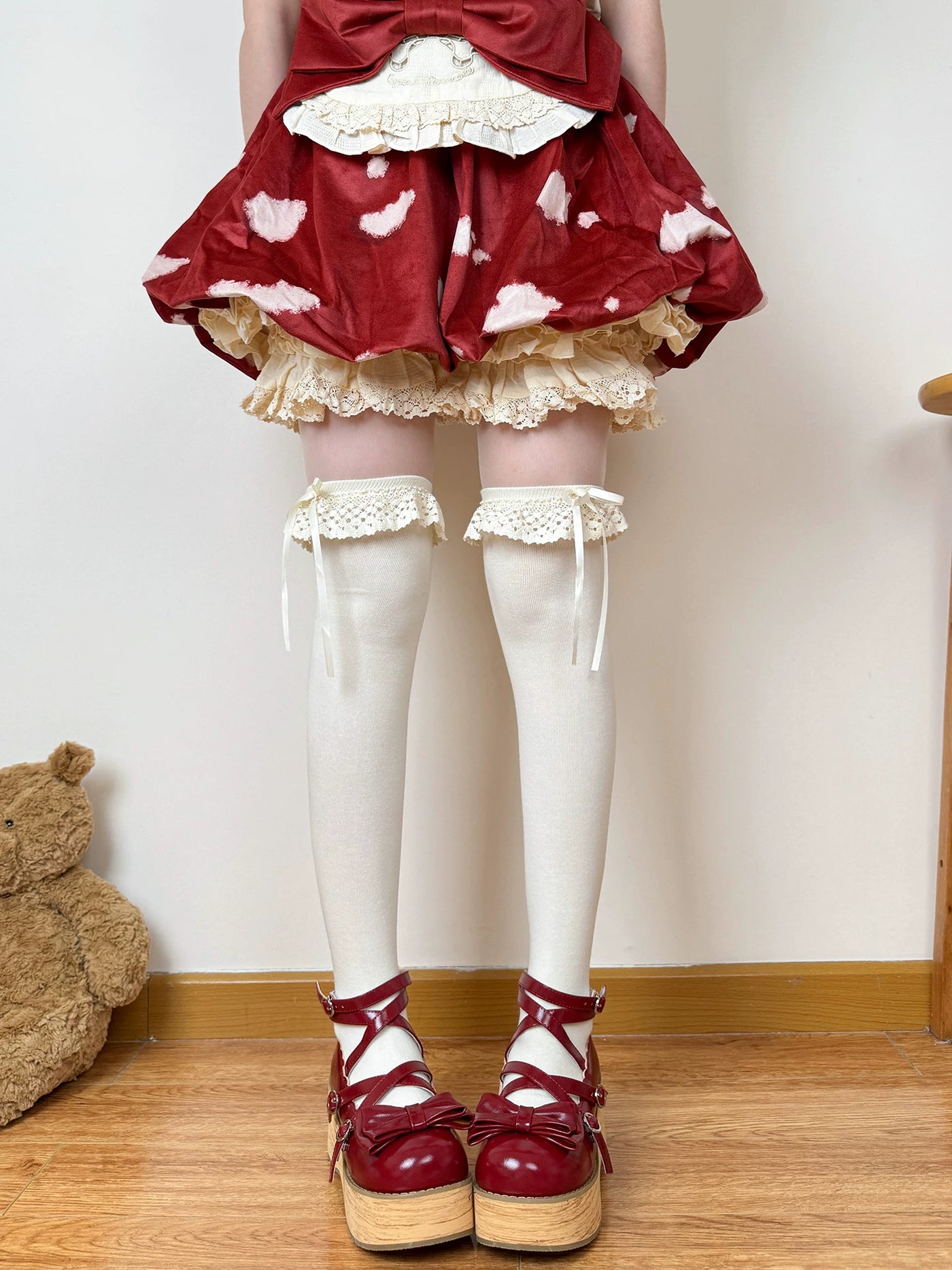 Chubby Bear Tales - Mushroom Doll - Beige Lace Socks in Mid-Short, Calf and Over-the-Knee Lengths