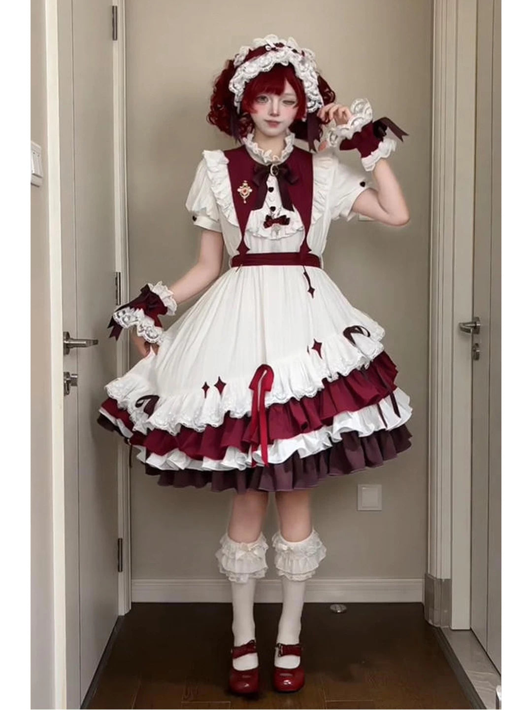 Creamy - Sweet Bride - White and Burgundy OP Dress with Layered Ruffles