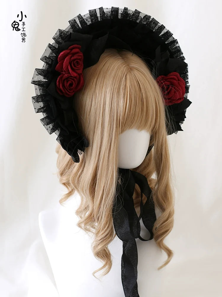 Xiaogui - Gothic Lolita Black Lace Flowers - Bonnet Headwear