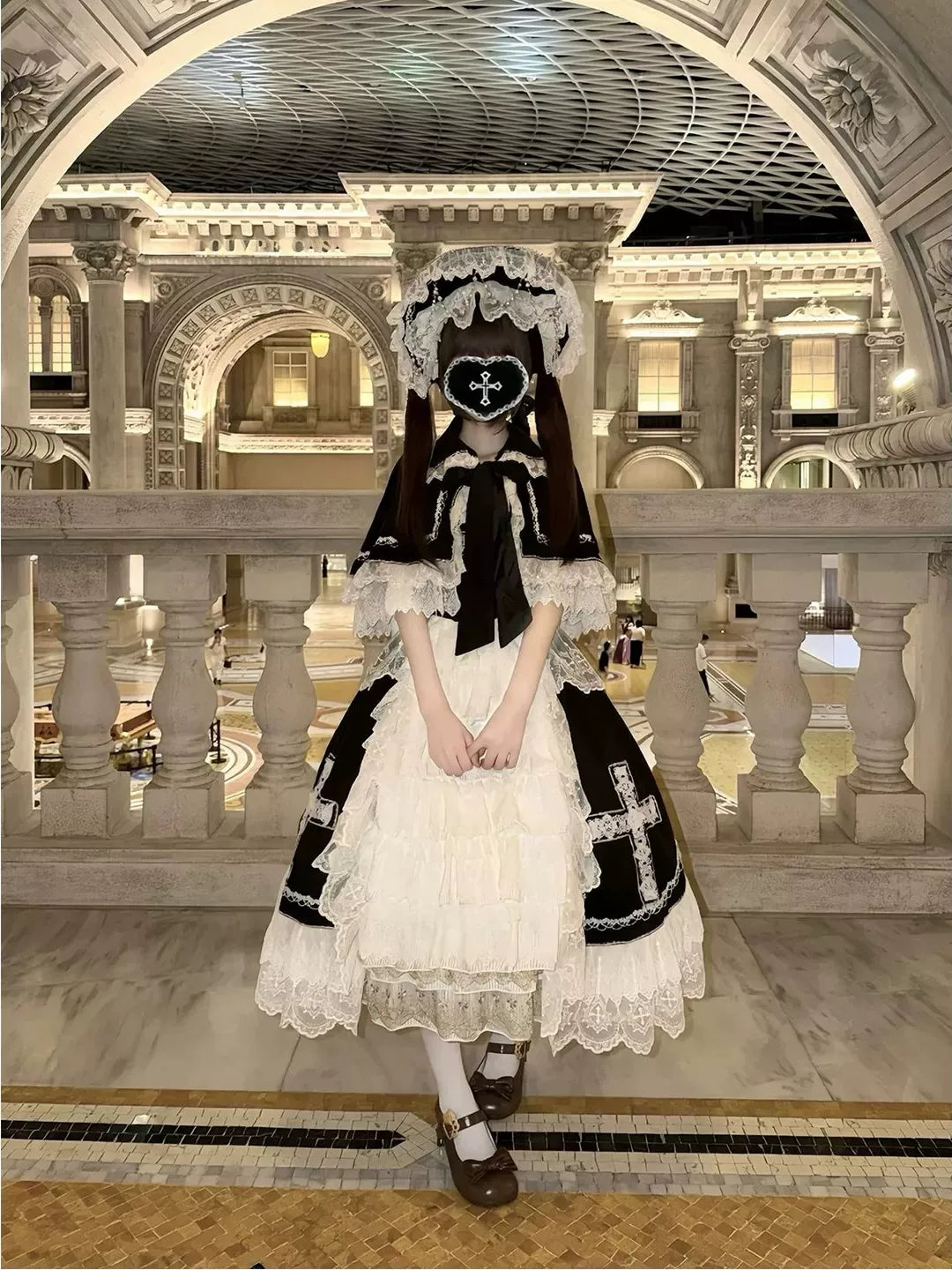 Creamy - Angel Type II - Black and White JSK and Cape Set with Cross Motifs