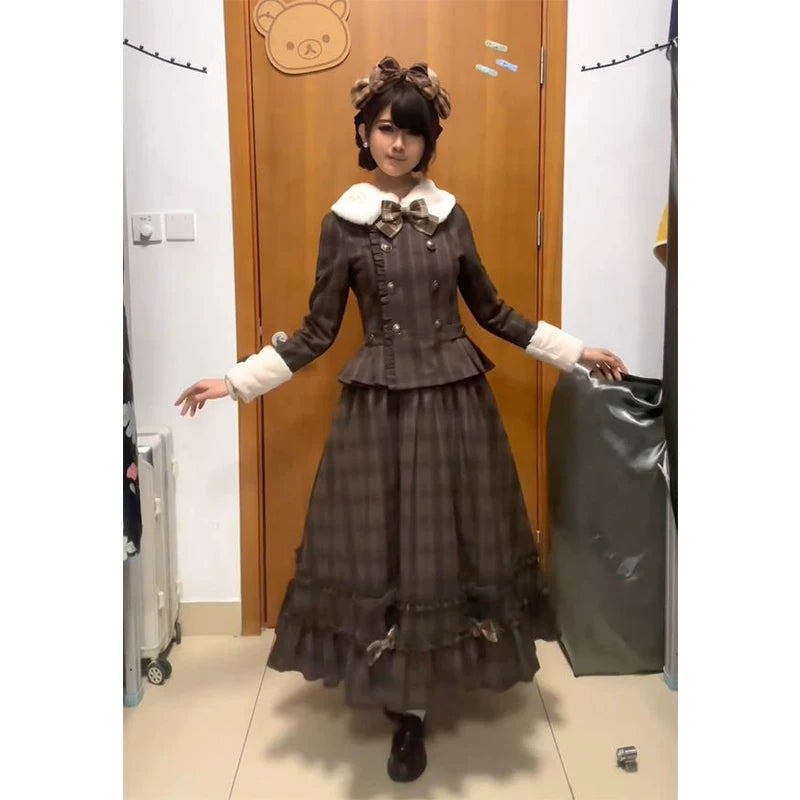 Creamy - Vintage Plaid - Brown Short Jacket and Long Skirt Set with a Plush Collar