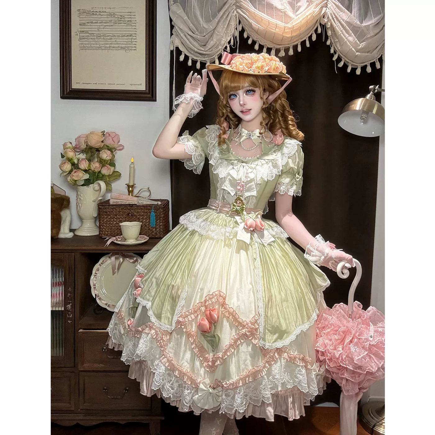Creamy - Garden Heirloom - Short-Sleeve Dress with Floral Lace and Bow Trim