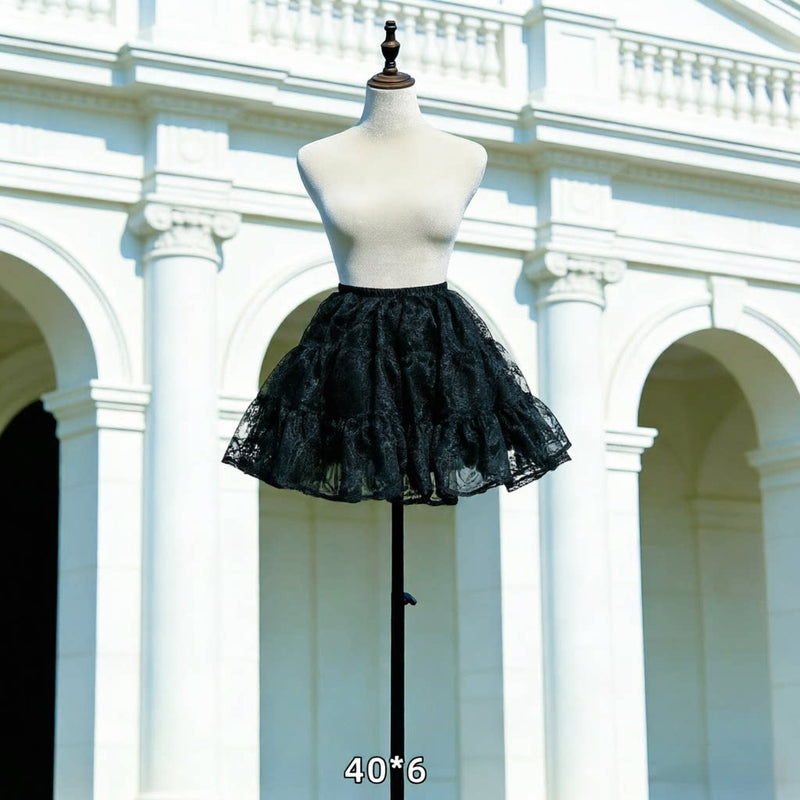 Floral Celebration Black Short Hoop-Free Lolita Petticoat — 40 × 6 m Fullness - No Drawstring