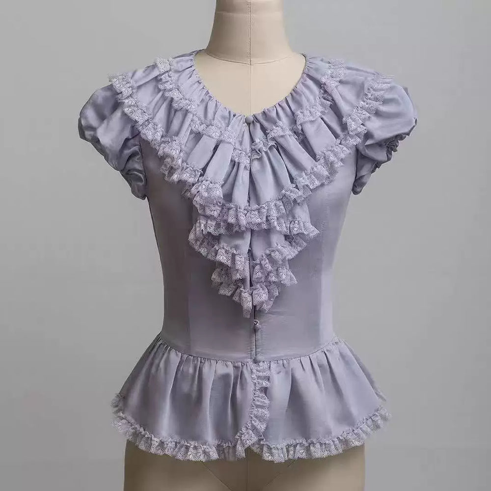 Natural color Lolita court blouse with cascading lace ruffle neckline and puffed sleeves