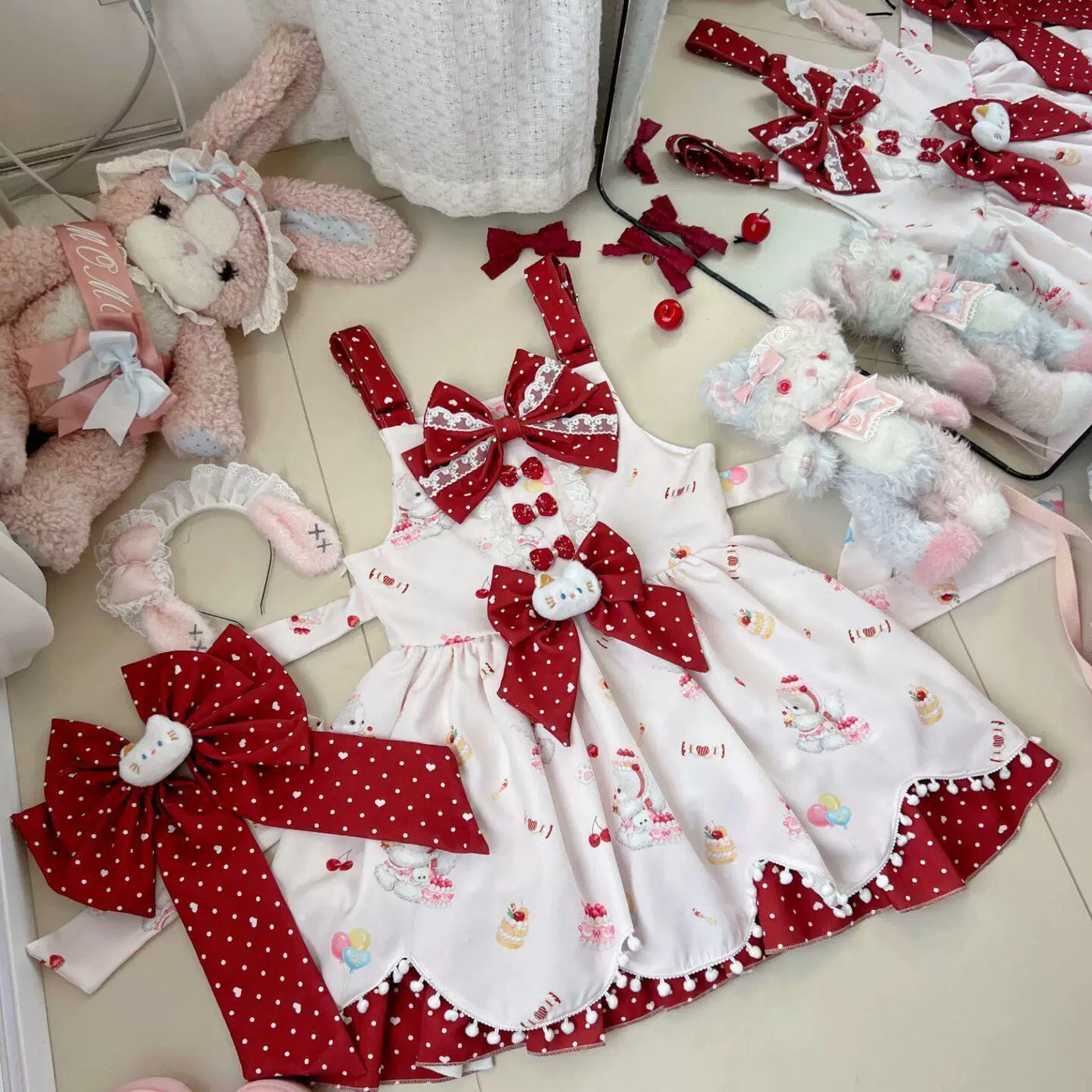 Sweetheart Dream Machine - Meow Meow Milk Cake - Printed JSK with Cherry-Red Bows