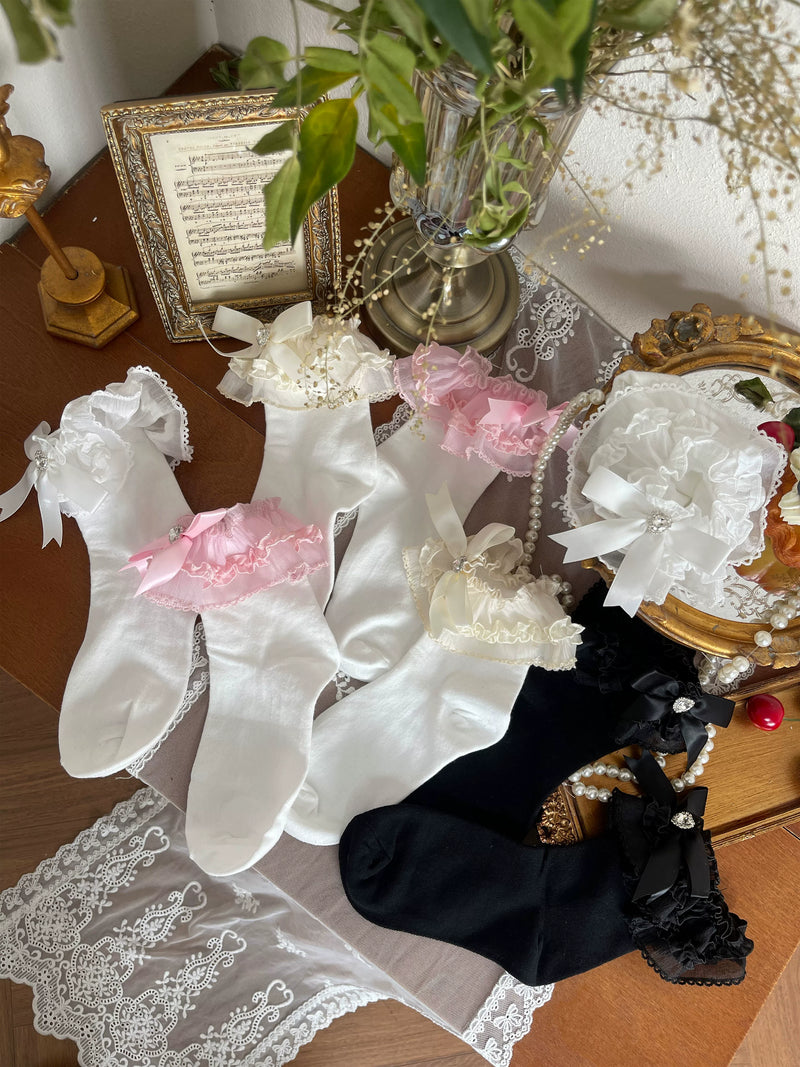 WAGUIR - Sweet Lolita Short Socks - Bow & Heart Rhinestone Socks