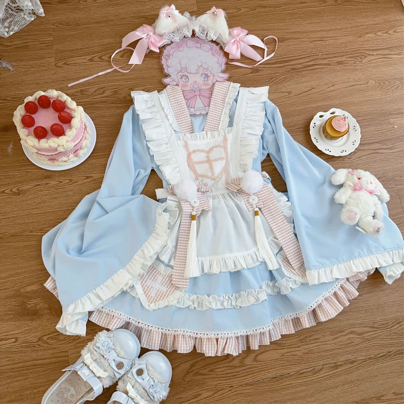 Sweet Nurse Cat maid dress by Lolita Fetch featuring a cute pink and white maid costume with cat ear headband and frilly details.