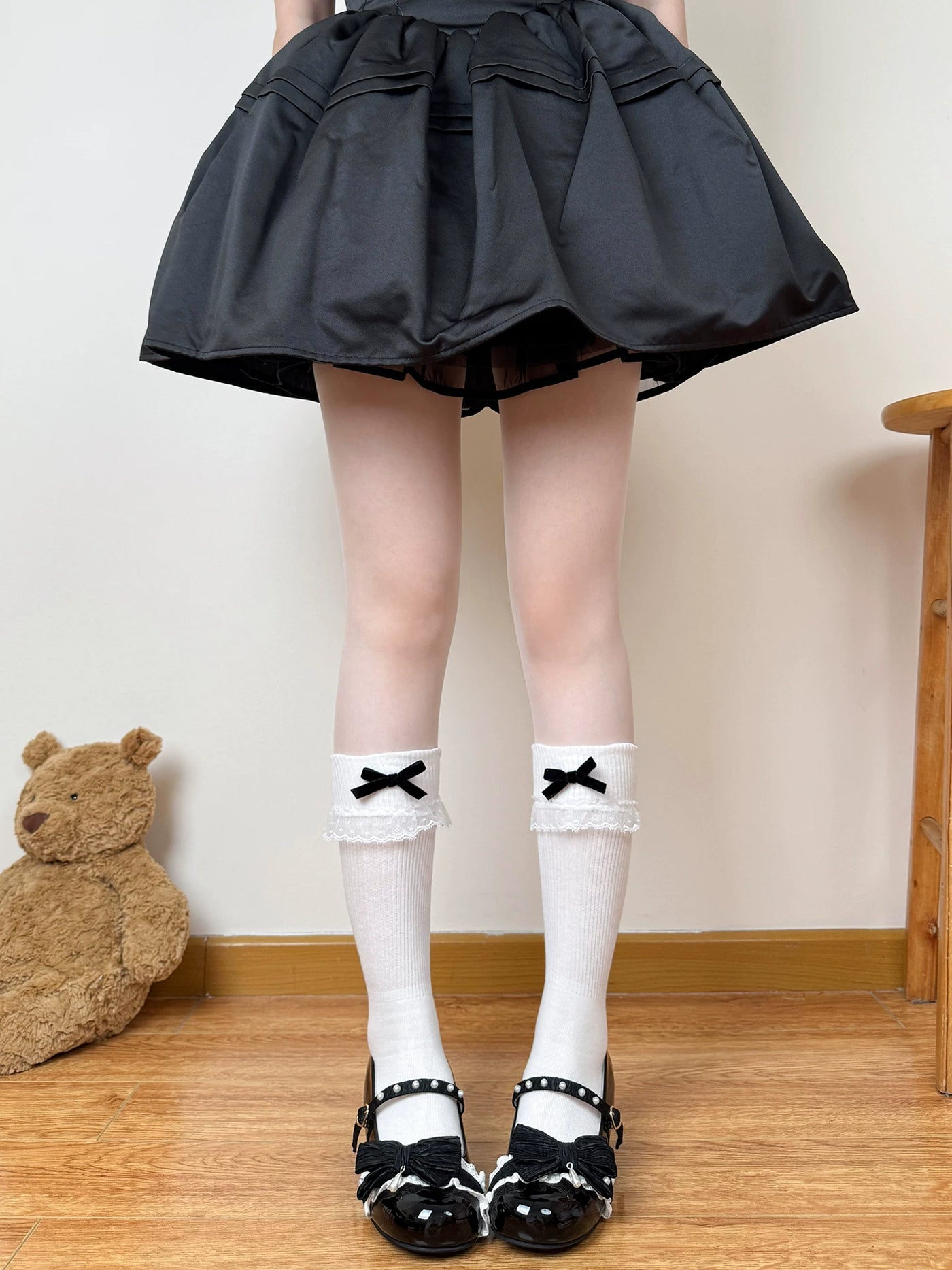 Chubby Bear Tales - Cream Ballet - Mid-Calf Slouch Socks with Lace Ruffle Cuffs and Bow Trim