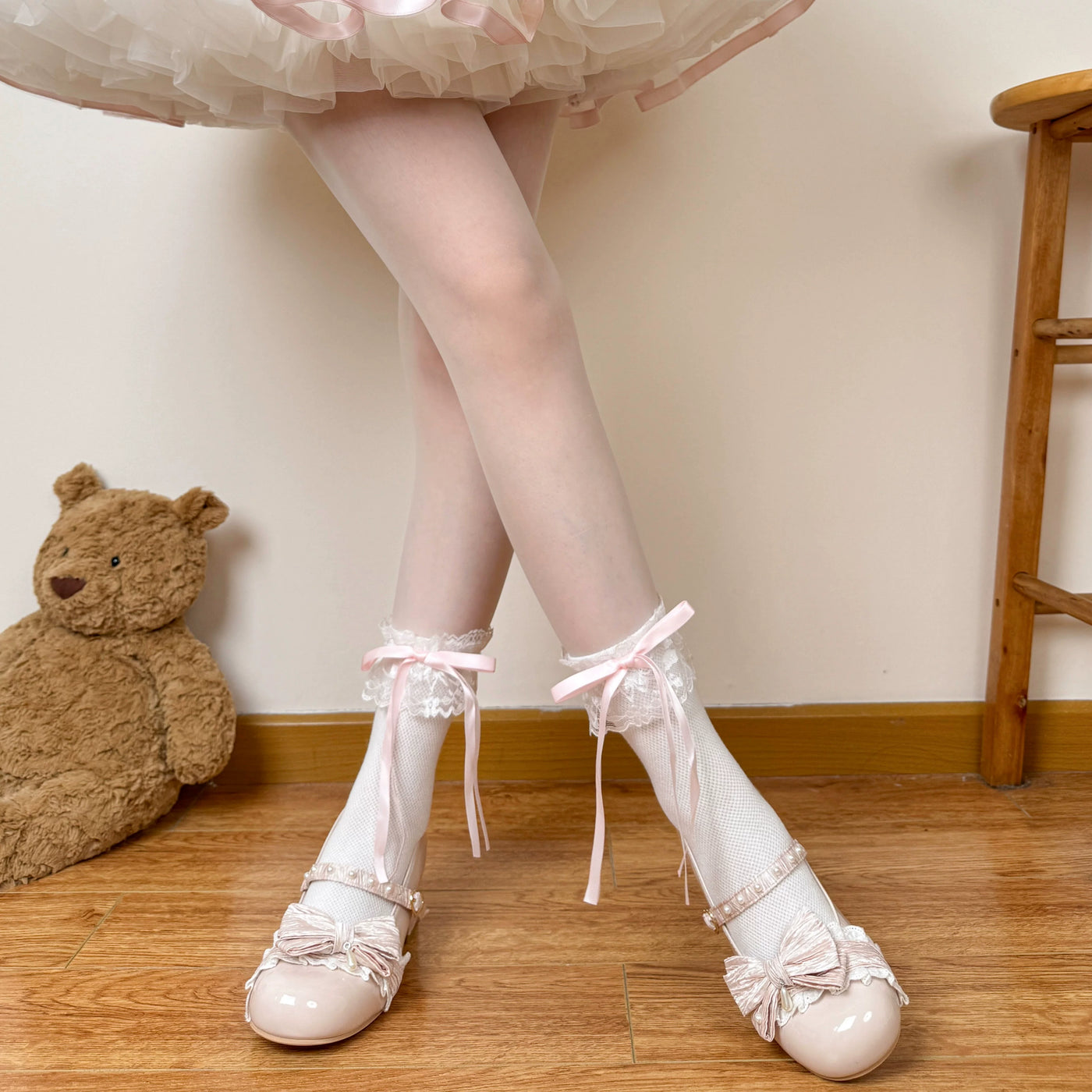 Chubby Bear Tales - Ballet Ribbon - Pink, White, or Black Mid-Calf Socks with Lace