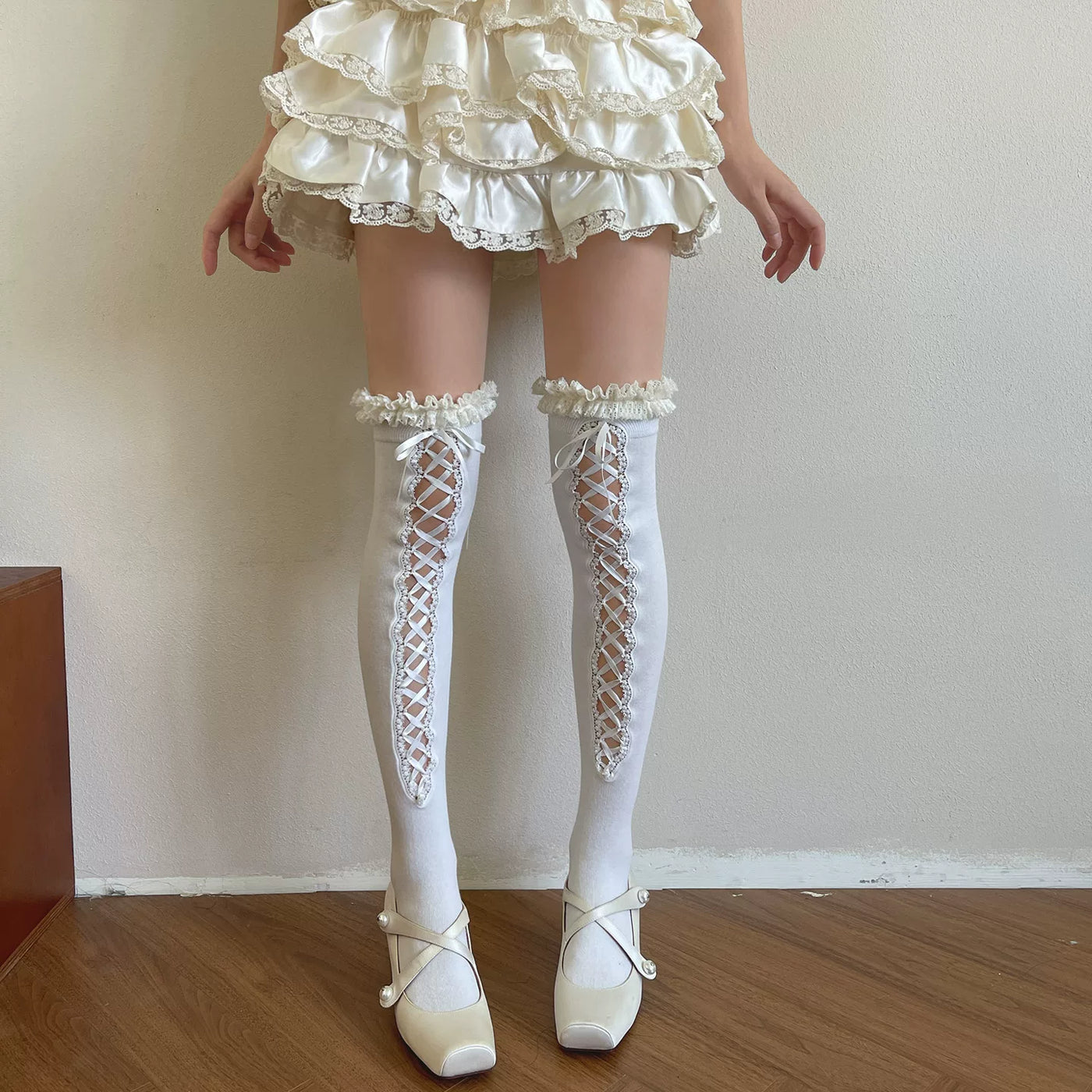 Sock Noble - Ballet Lace-Up - Lace-Up Thigh-High Socks with Ruffled Tops