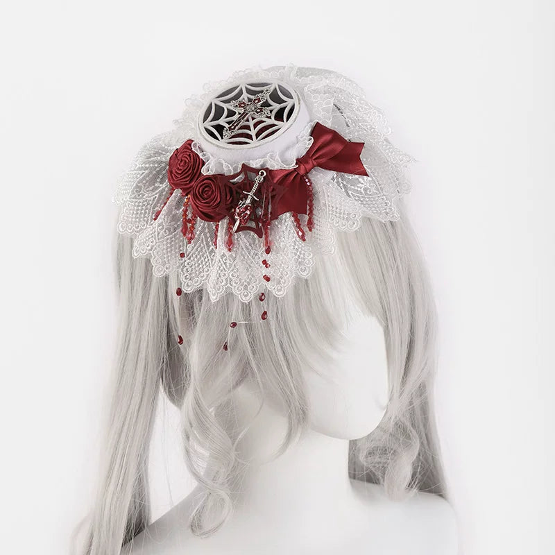 White lace and rose headwear options shown on a mannequin, including a flat hat and side hair accessories.