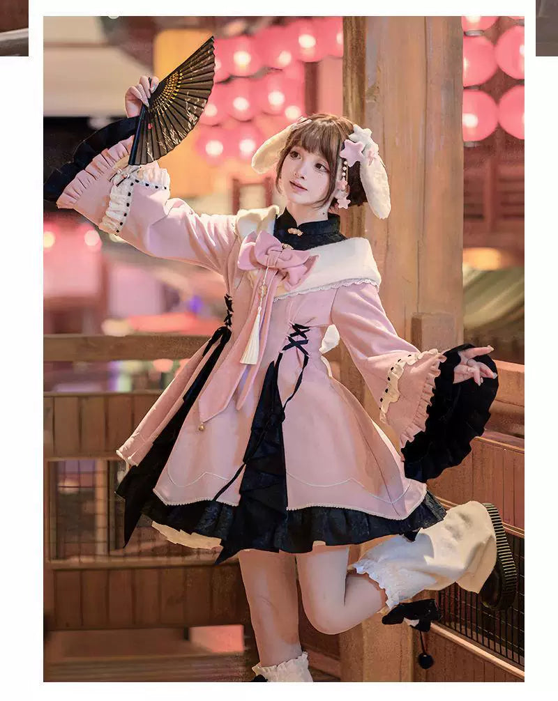 Sweetheart Dream Machine - Maohua - Black-Red Chinese-Style OP Dress with Ruffled Bib