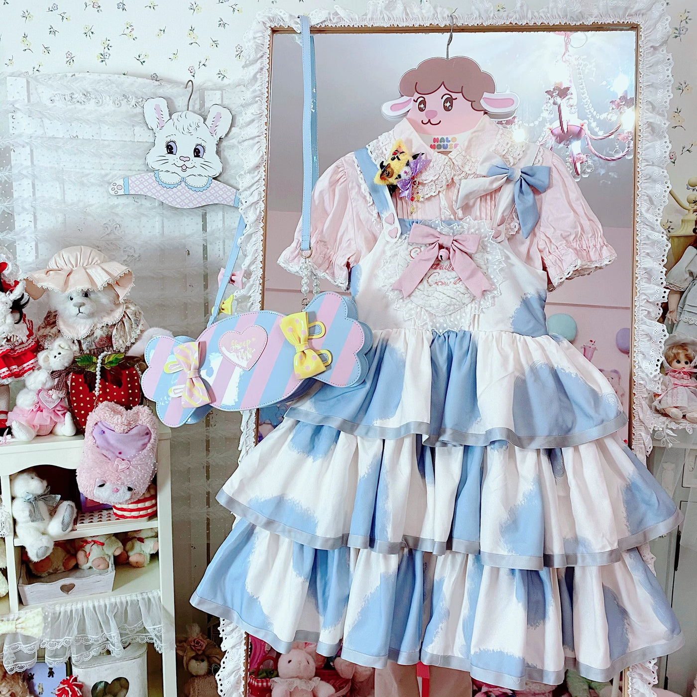 Tata Long Ear - Milk Cake Cow Print - Cow-Print JSK Dress with Three-Section Skirt