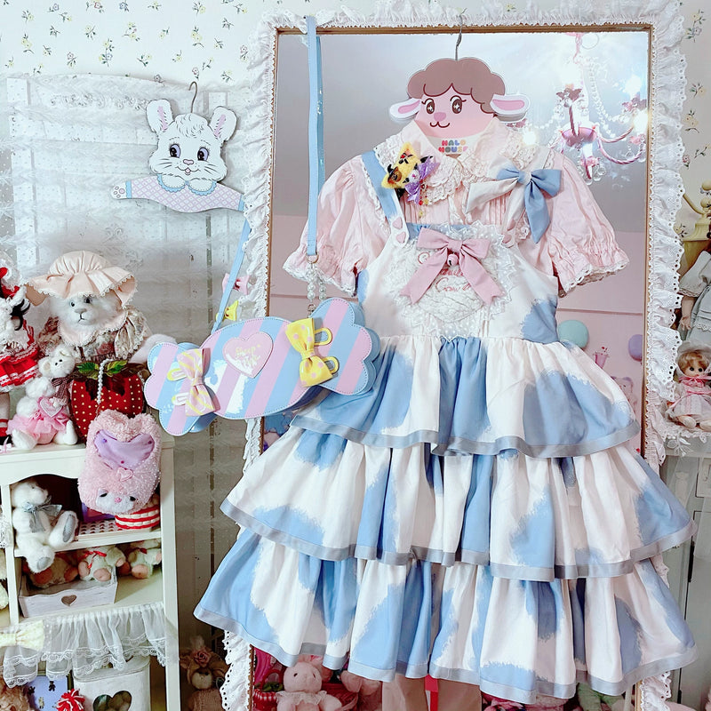 Tata Long Ear - Milk Cake Cow Print - Cow-Print JSK Dress with Three-Section Skirt