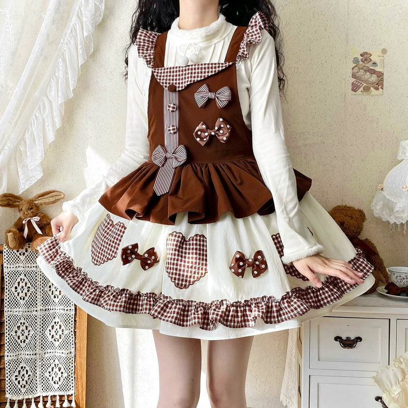 White Tea Story - Sweet Lolita - Tiered gingham check skirt with bow