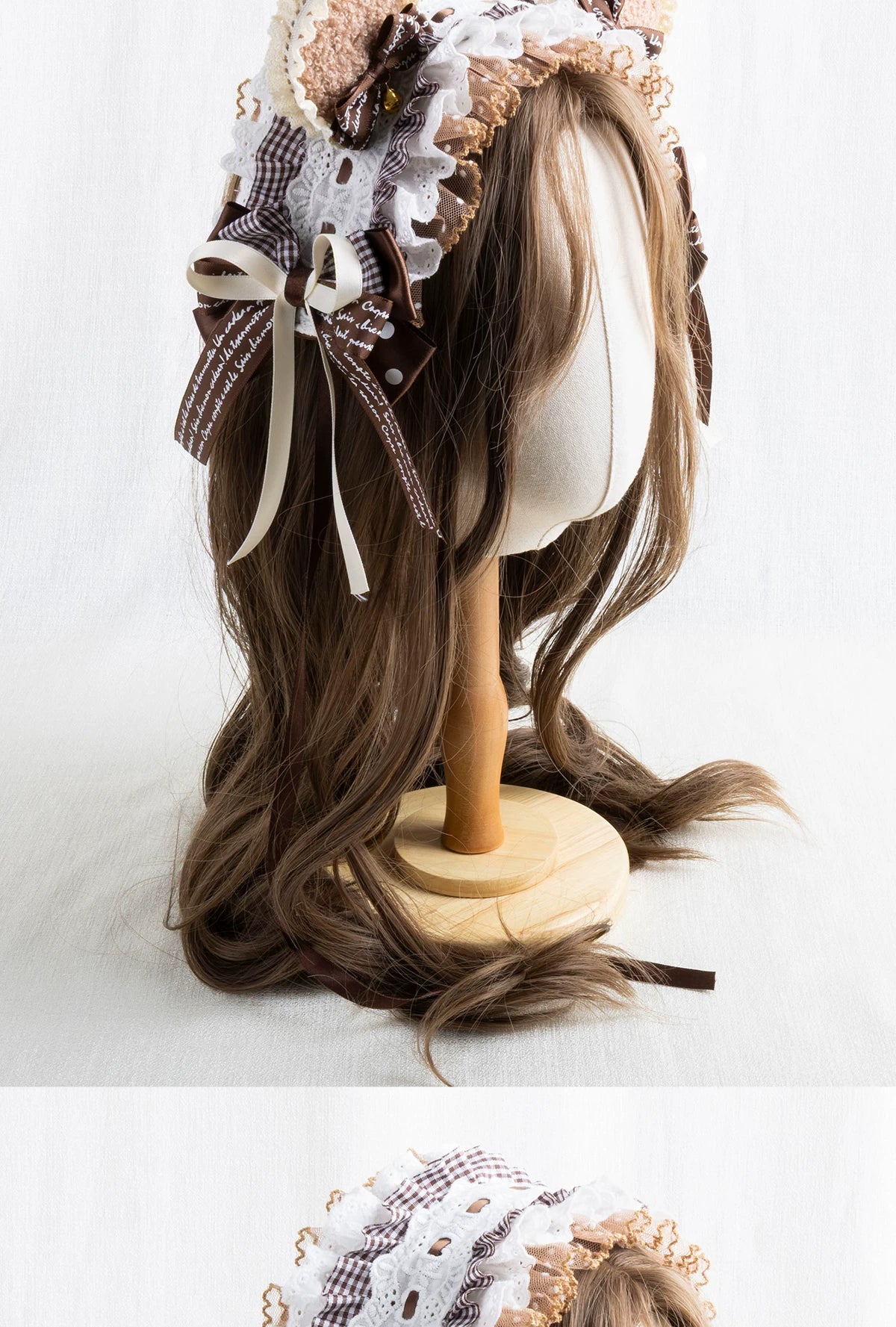 Lightbound Narrative - Chocolate Dot Bear-Ear - Headwear with Lace and Polka-Dot Bows