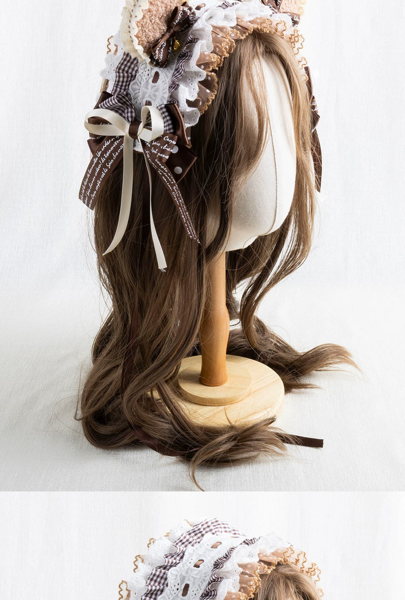 Lightbound Narrative - Chocolate Dot Bear-Ear - Headwear with Lace and Polka-Dot Bows