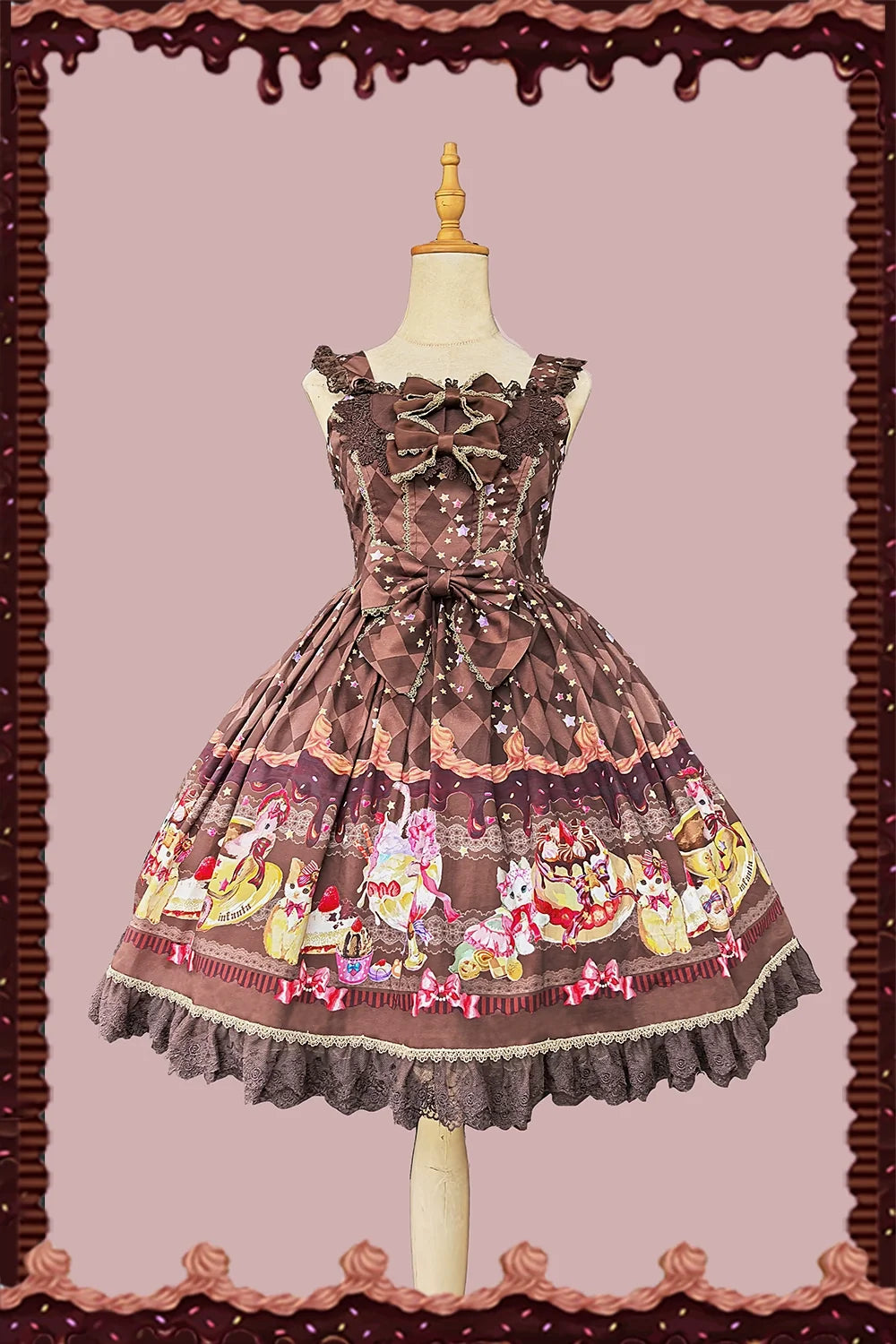 Cream Meow - Sweet Lolita JSK, Cat Print Coffee JSK Only S