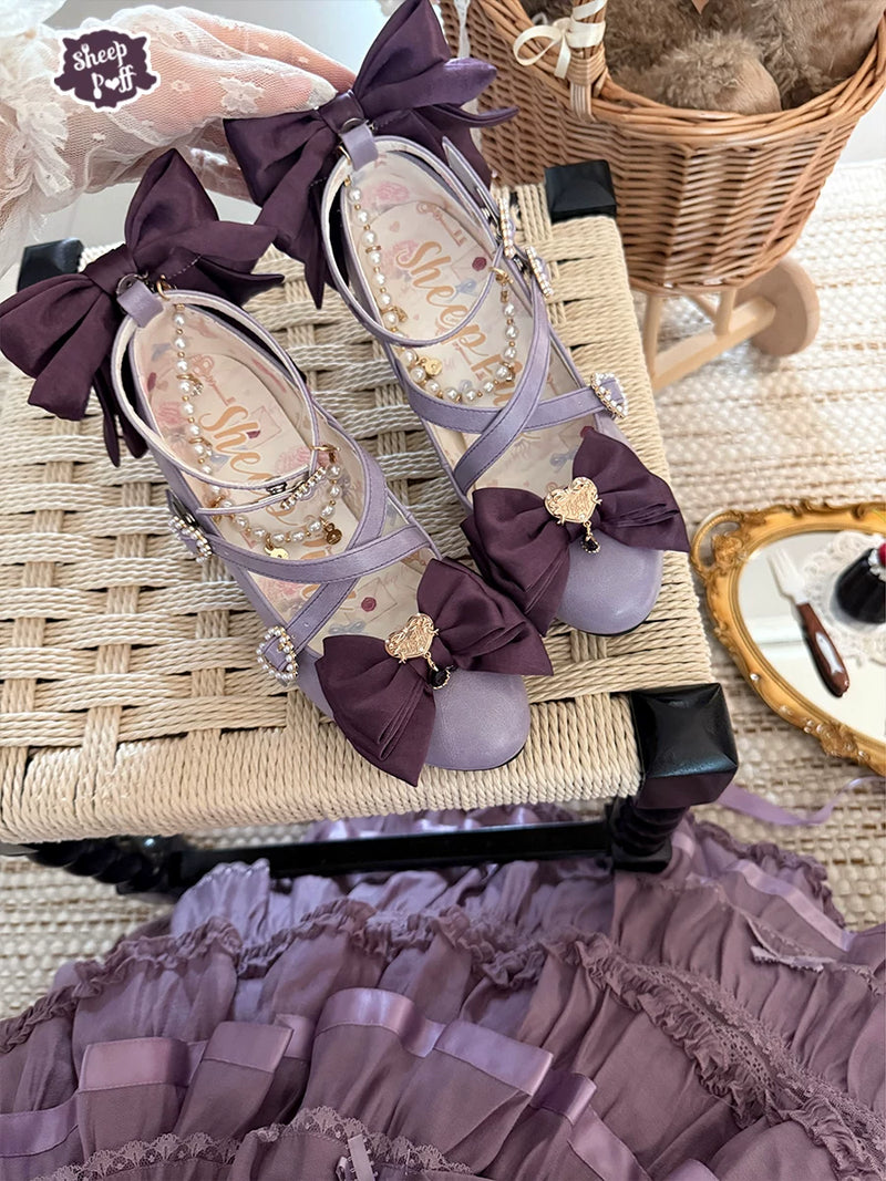 Sheep Puff Witch Key Lolita Heels, black shoes with whimsical sheep puff design, perfect for kawaii or gothic fashion styles.