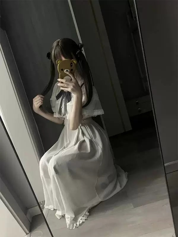 Creamy - Veiled Lace - Lace Dress and Bow Tie Set with a Sheer Cape Overlay