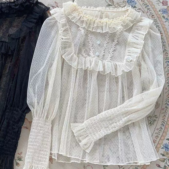 Sweetheart Dream Machine - Vintage Lace Mesh - Ruffle-Front Long-Sleeve Blouse