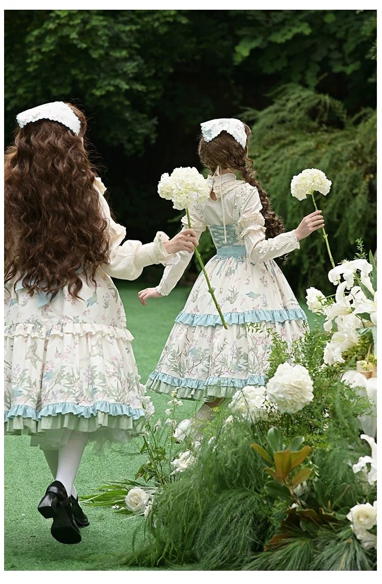 With PUJI - Oriole Time - Country Lolita JSK and OP Dress, Floral and Bird Print