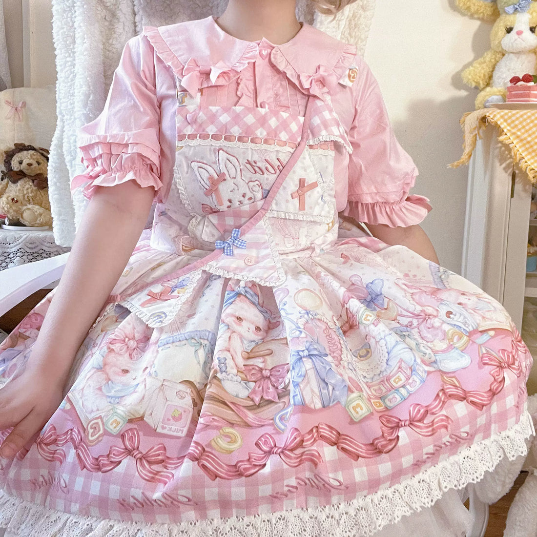 Lady Han cute rabbit blouse by Lolita Fetch featuring a charming design with soft fabric and detailed rabbit embroidery.