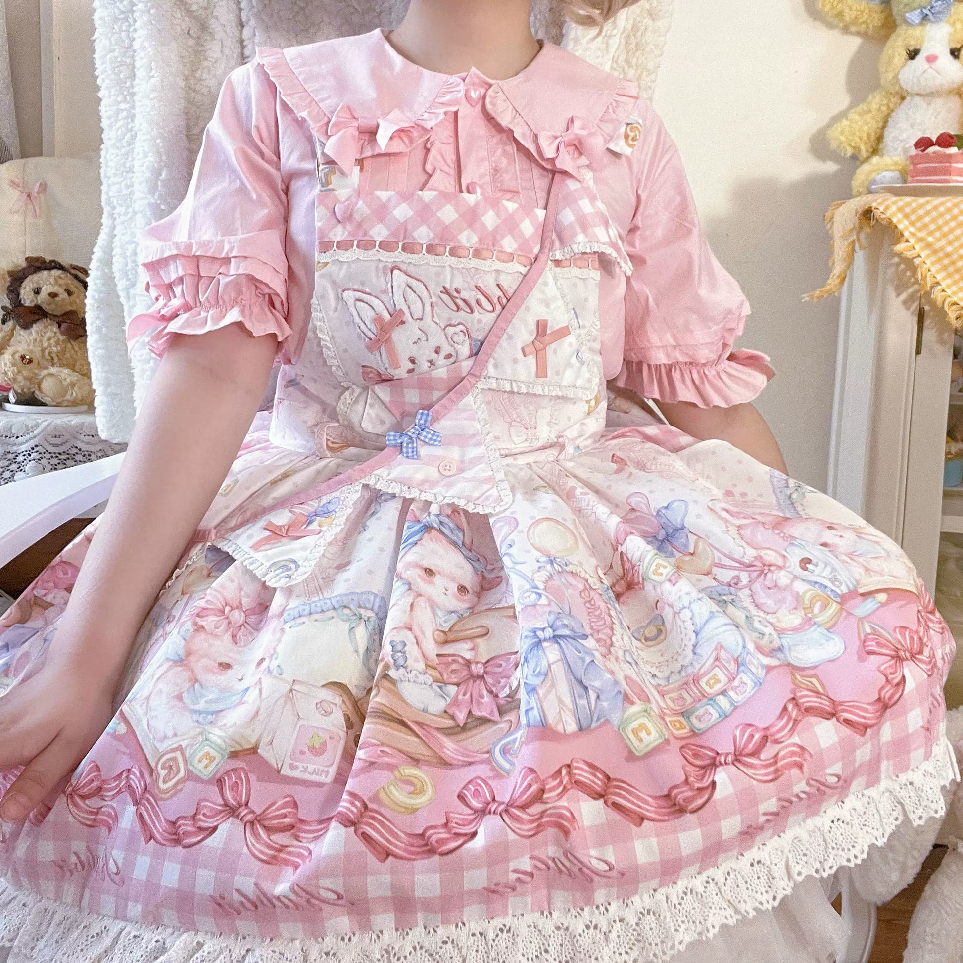 Lady Han cute rabbit blouse by Lolita Fetch featuring a charming design with soft fabric and detailed rabbit embroidery.