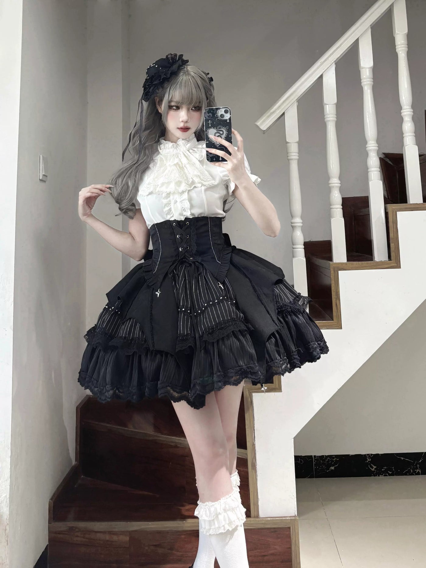 Twilight Song - Trace Bone - Black Gothic Lolita SK & Waist Cincher