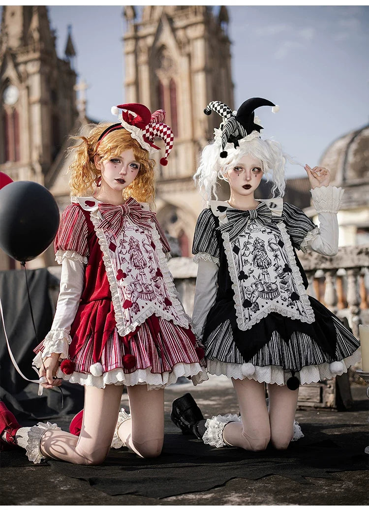 With PUJI - Puppet Mask - Clown Inspired Gothic Lolita OP Dress, Loose Fit